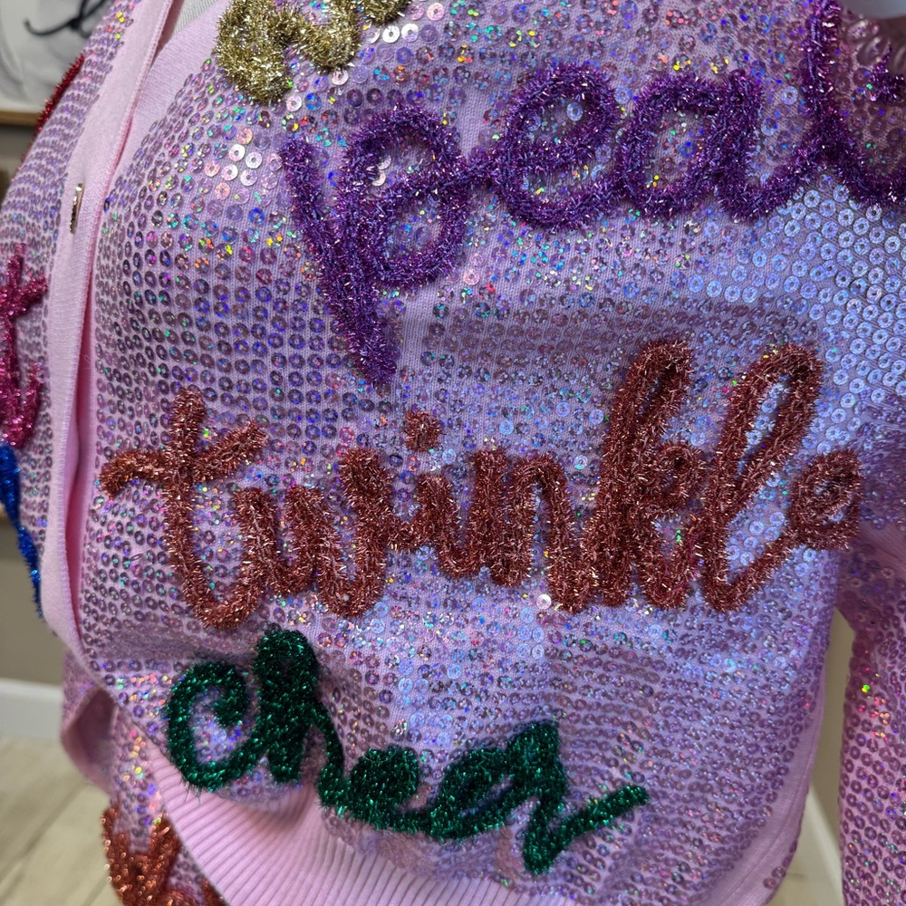 New! QUEEN OF SPARKLES Set! Pink Sequin Holiday Words Cardigan & Skirt Set - Picture 9 of 14